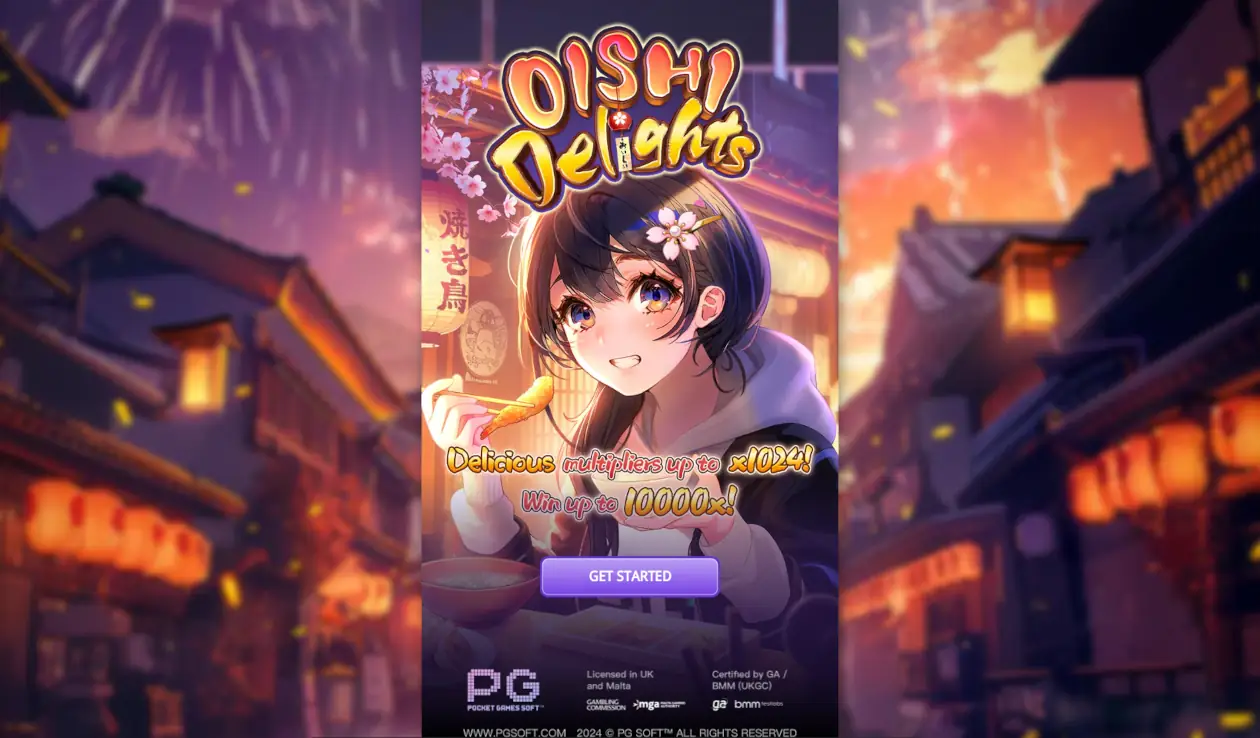 Oishi Delights festival key art with anime food-stall theme